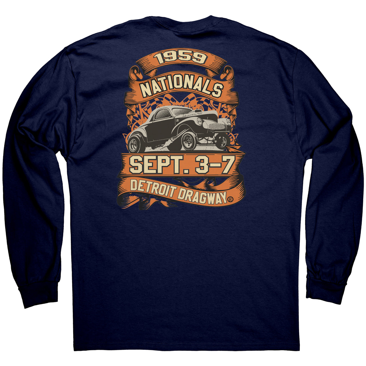 Detroit Dragway® 59 Nationals Logo Long Sleeve T-Shirt Image On Back