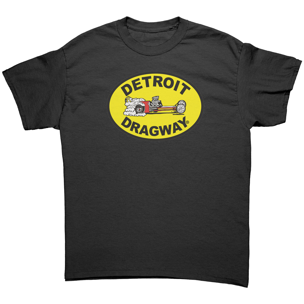 *Detroit Dragway® Yellow Logo Red Dragster Men's T-Shirt Image On Front