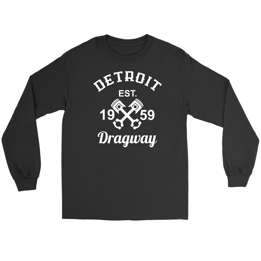 Detroit Dragway® Crossed Pistons Long Sleeve T Image On Front White Print
