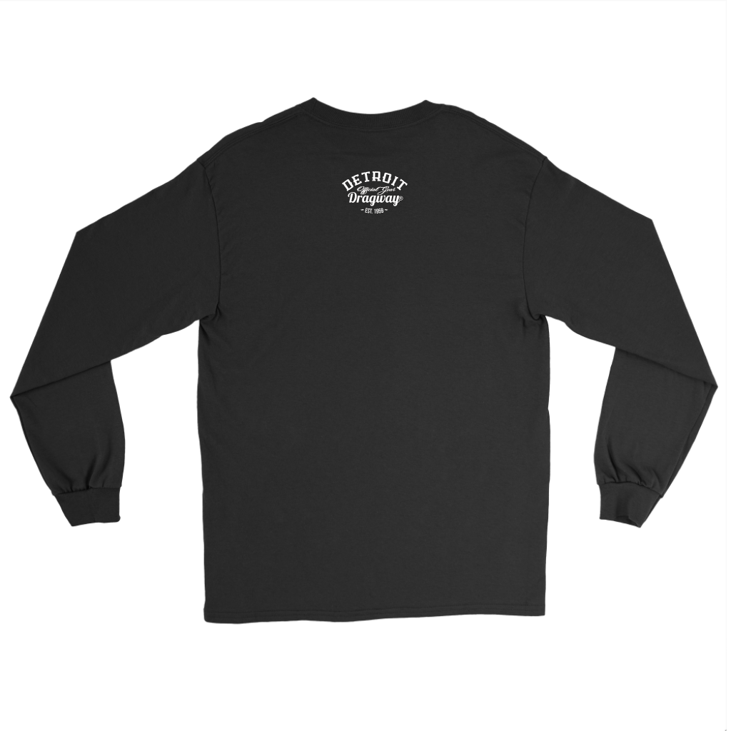 Detroit Dragway® Crossed Pistons Long Sleeve T Image On Front White Print