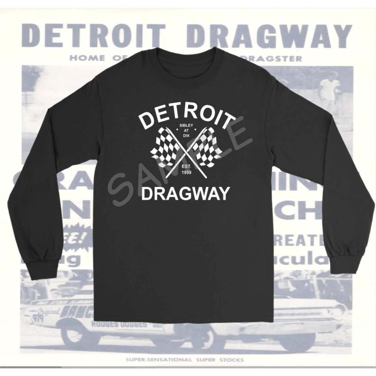 *Detroit Dragway® Checkered Flags Long Sleeve T-Shirt Image On Front