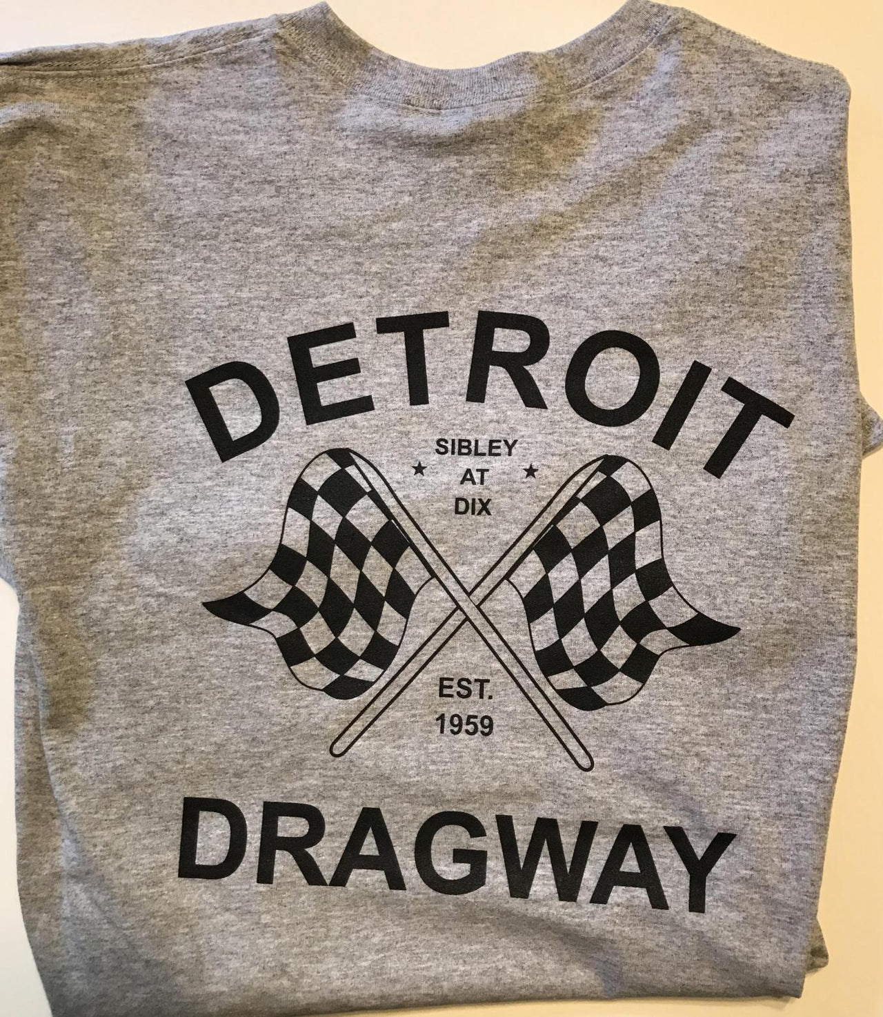 Detroit Dragway®  Checkered Flags Gray T-Shirt Short Sleeve Image On Back